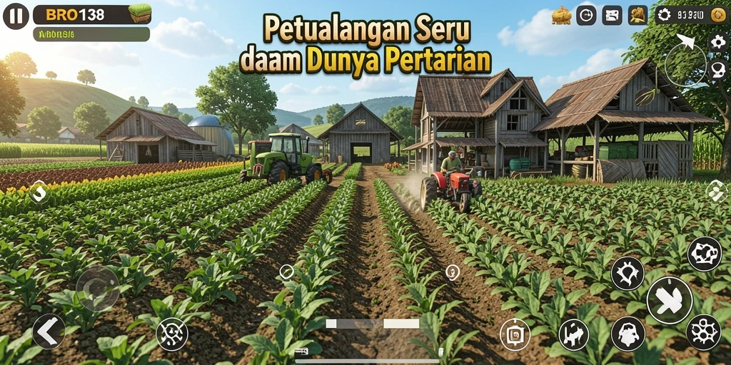 Tampilan gameplay <strong>BRO138</strong> menunjukkan kebun yang indah dan interaksi petani.
