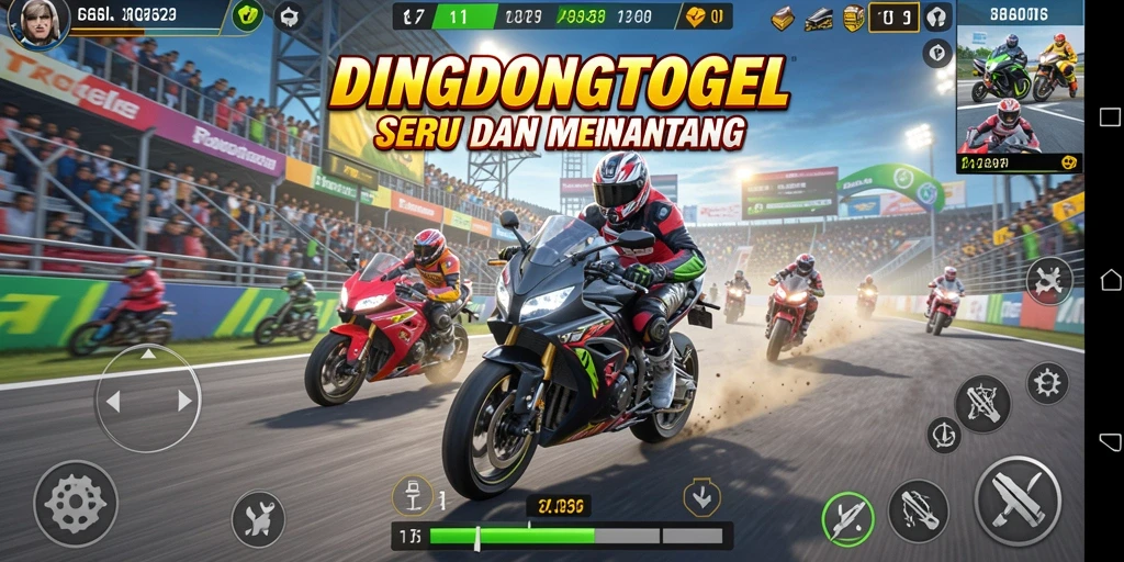Tampilan gameplay seru DINGDONGTOGEL di trek balapan motor.