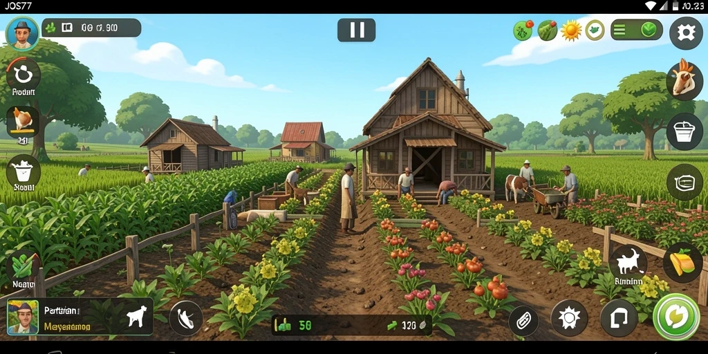 Tampilan gameplay <strong>JOS77</strong> yang menampilkan pertanian yang indah dan penuh warna.
