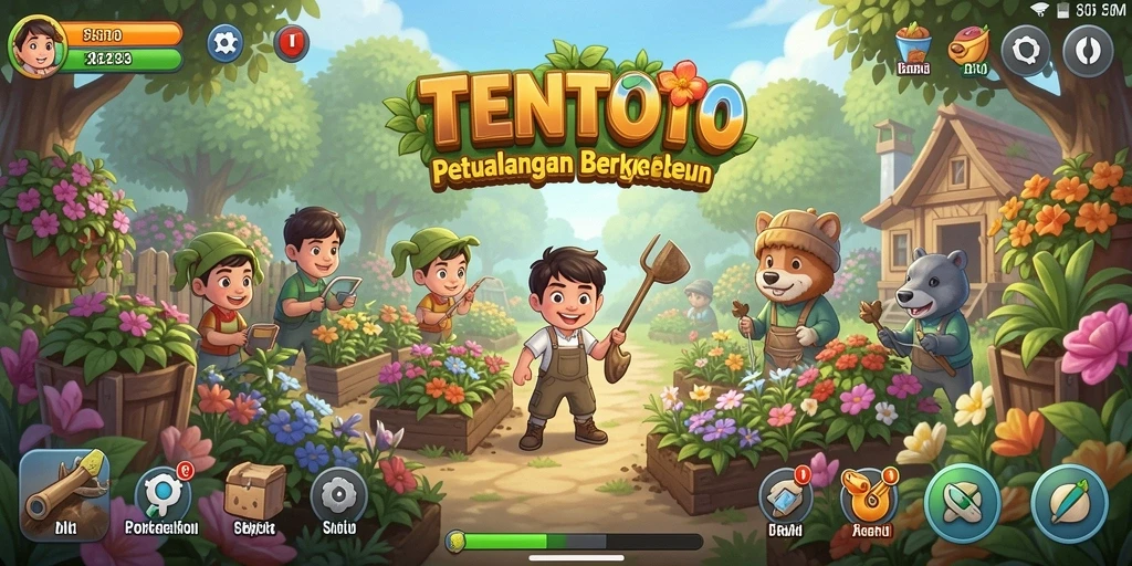 Tampilan gameplay TENTOTO dengan kebun yang subur dan hewan ternak.