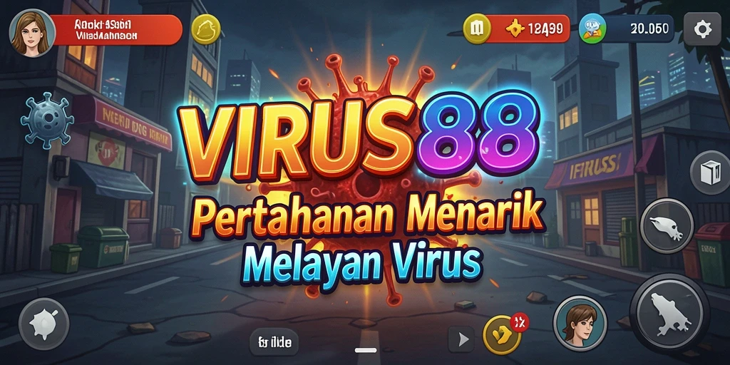 Tampilan menara dan virus dalam gameplay Tower Defense yang menantang.